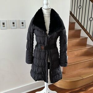 STEVE BY SEARLE BLACK PUFFER DOWN BELTED COAT GENUINE OTTER FUR COLLAR SMALL